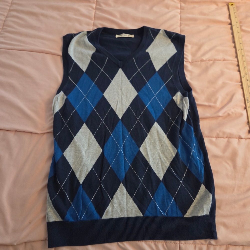 Old Navy Mens Argyle Sweater Vest Navy Blue Blue Grey V-Neck Cotton Large